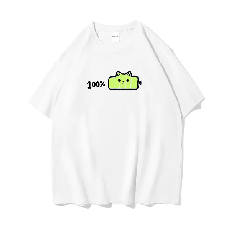 White cute charge cat t-shirt