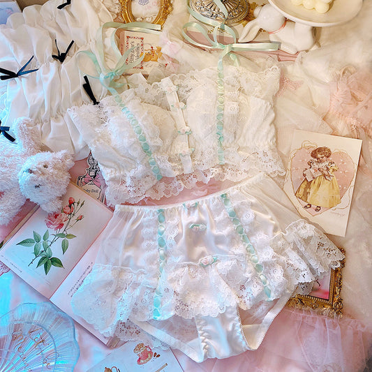 White Cute Lace Floral Lingerie Set - Femboy Fashion