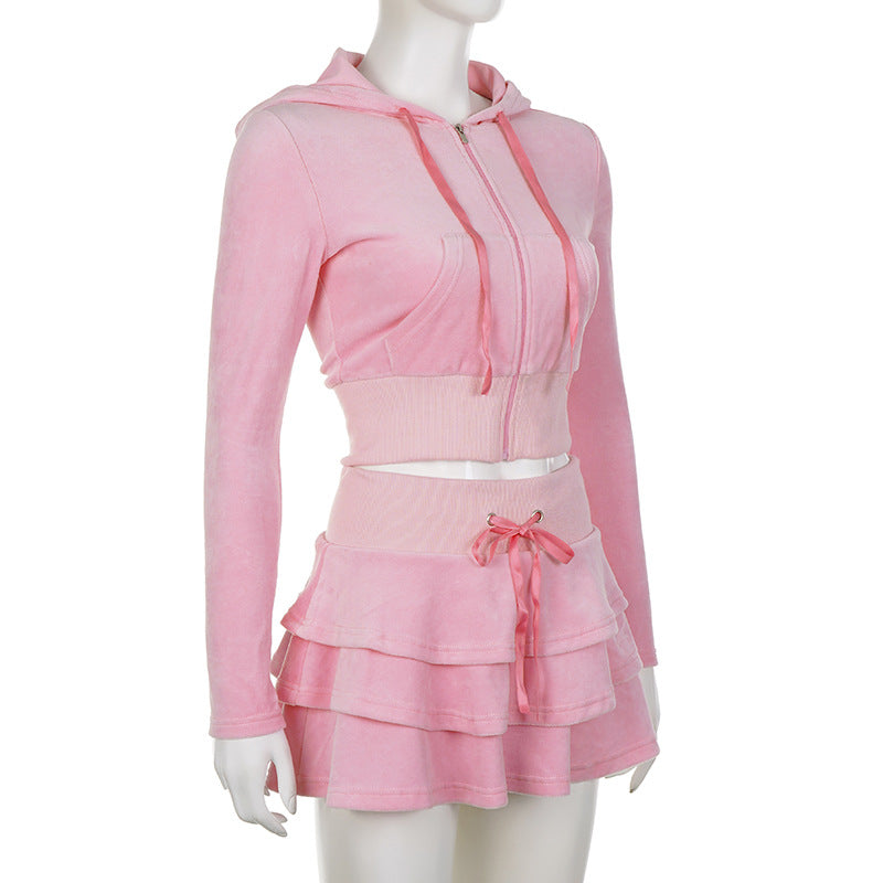Pink Crop Top Hoodie & Skirt Two Piece Set - Femboy Fashion