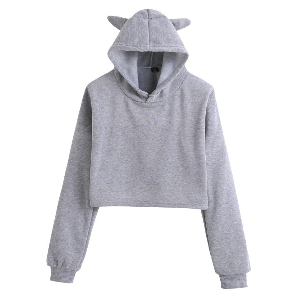 Anime Crop Hoodie With Cat Ears - Gray - Femboy Fashion