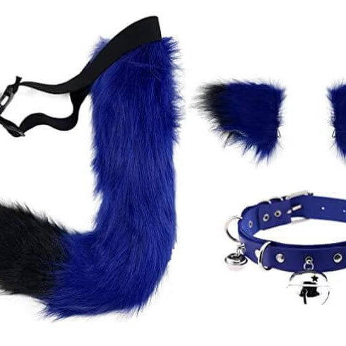 Dark Blue Fox Ears Clips And Tail With Collar Set - Femboy Fashion