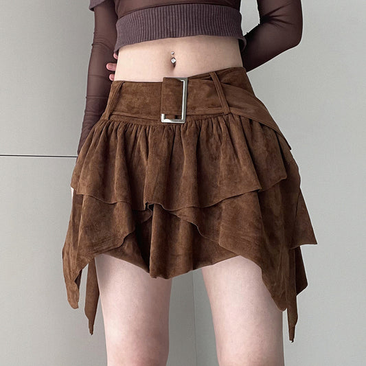 Dark Brown Irregular Cake Short Skirt - Femboy Fashion