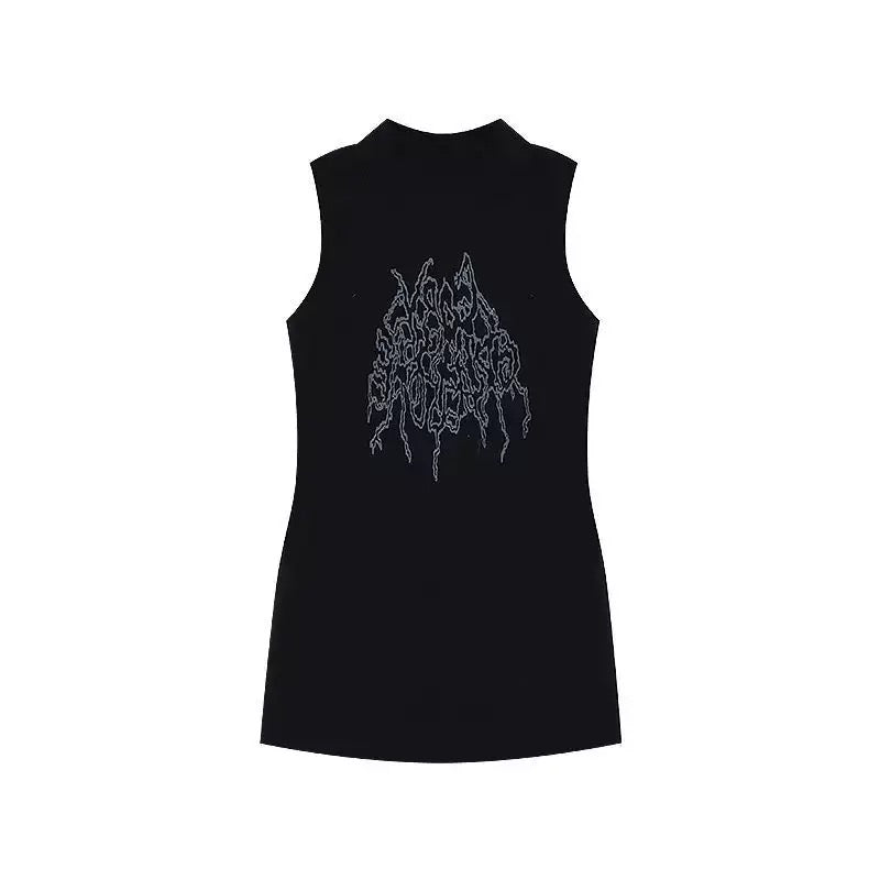 Black sleeveless distressed top with a star-shaped brooch on a white background