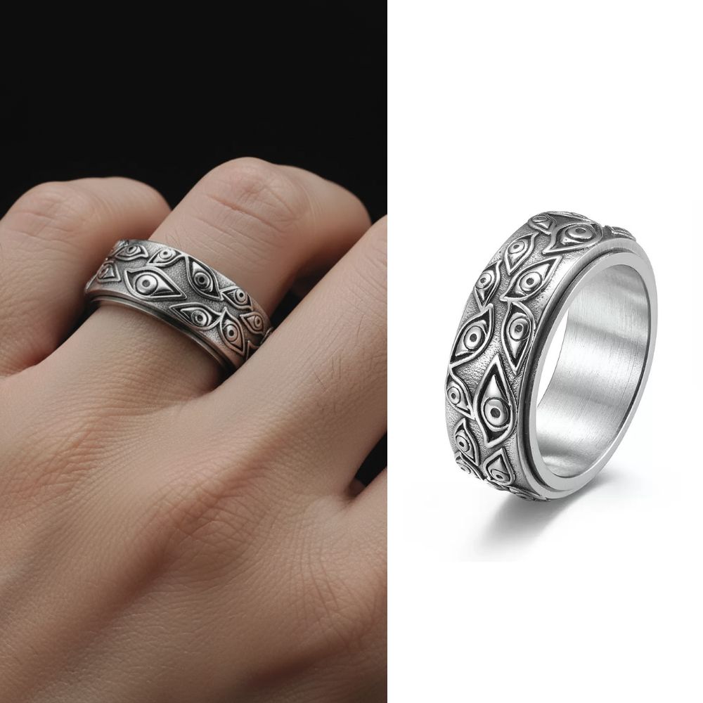 Silver ring with intricate design worn on a finger and shown from different angles.