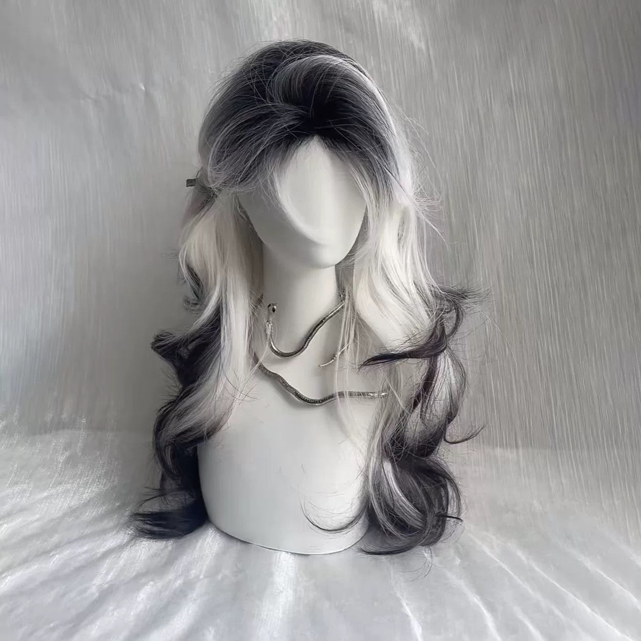 Femboy black and white gradient body wave wig front