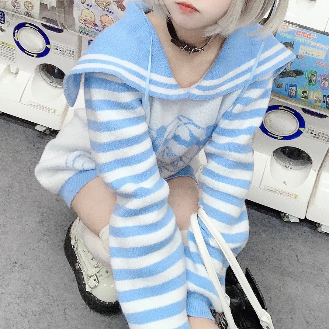 Person wearing a blue and white striped outfit in a laundry room.