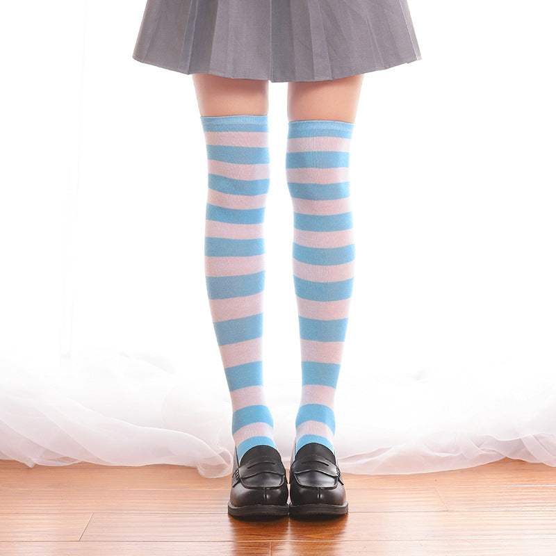 Blue And White Striped Knee High Socks - Femboy Fashion