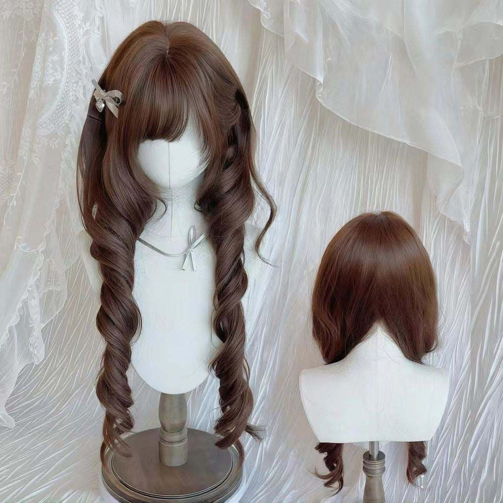 Femboy chocolate brown elegant curl wig front and back