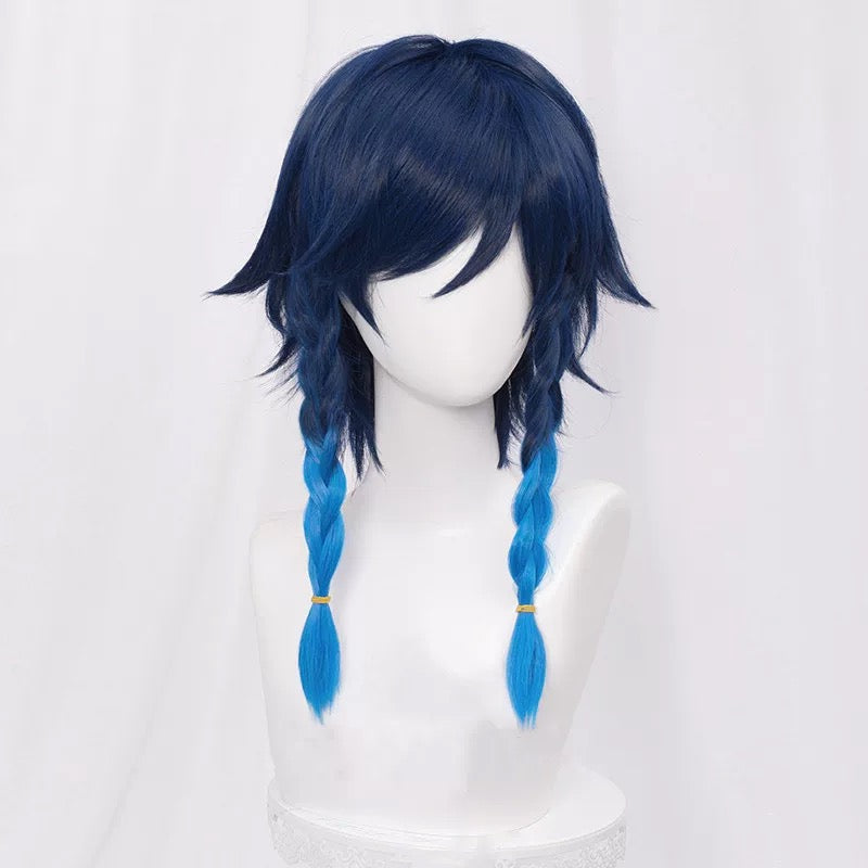 Blue wig with twin braids on a mannequin head against a white background