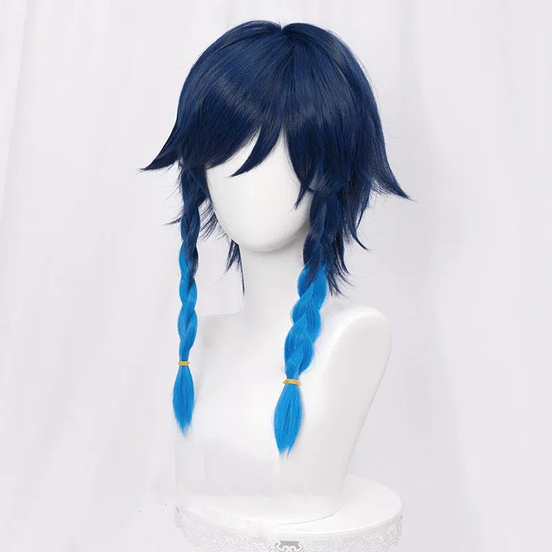 Blue wig with braids on a mannequin head against a white background