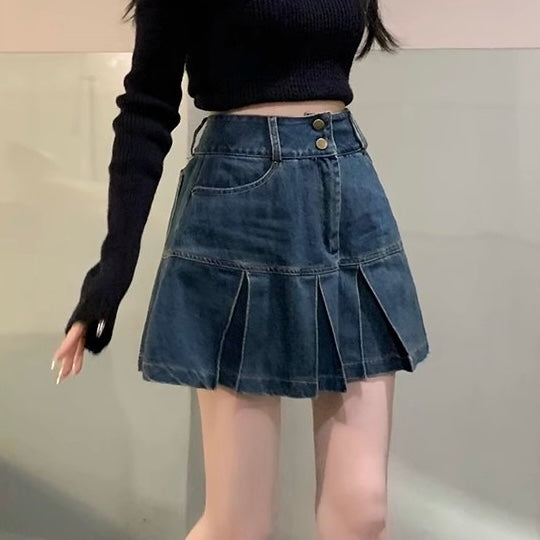 Dark Denim Pleated Skirt - Femboy Fashion