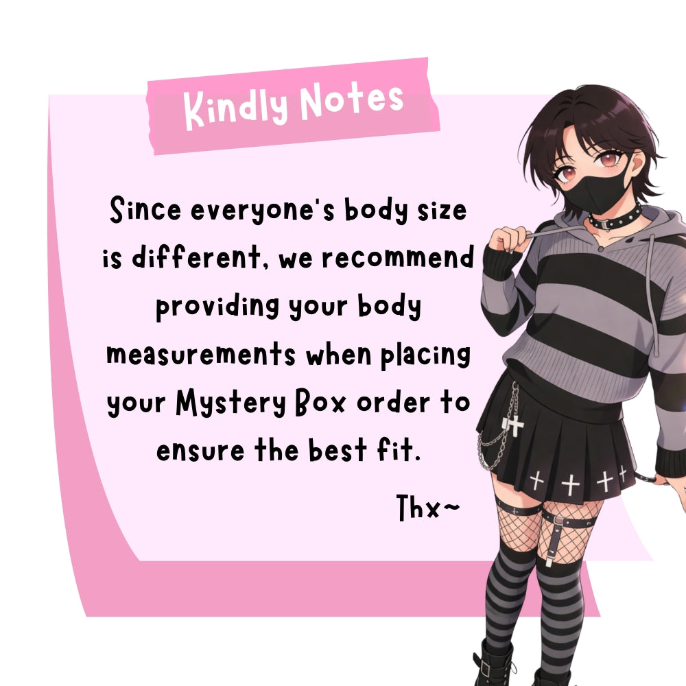 Character in a striped outfit with text about body measurements for a mystery box order.