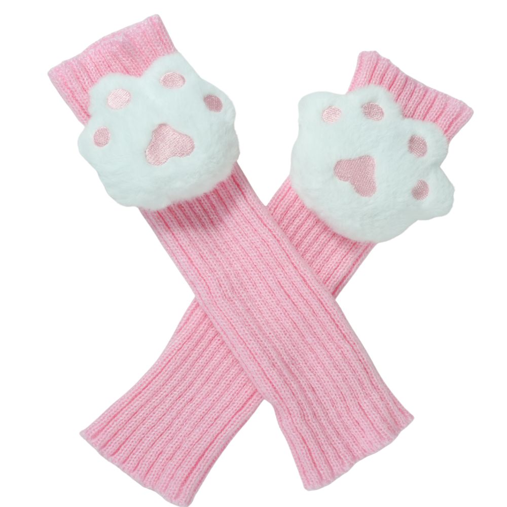 Pink cat paw plushie arm warmer on a white background