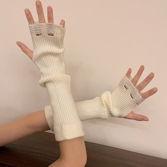 Femboy White Fingerless Knit Gloves - Femboy Fashion