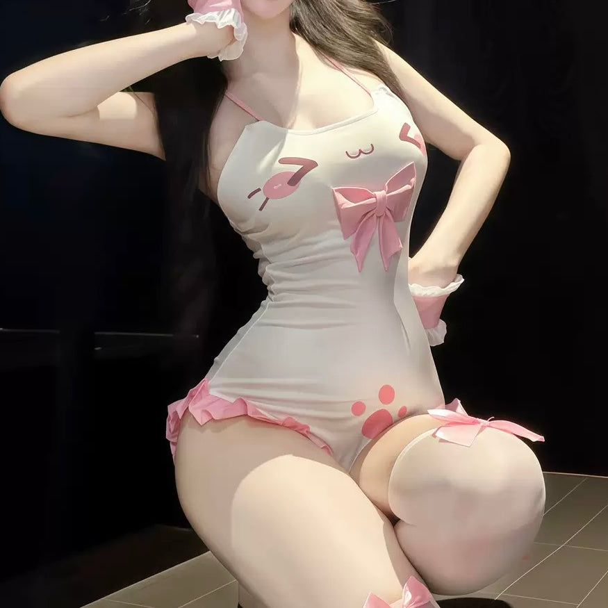 A femboy wearing a white sweet cat lingerie set