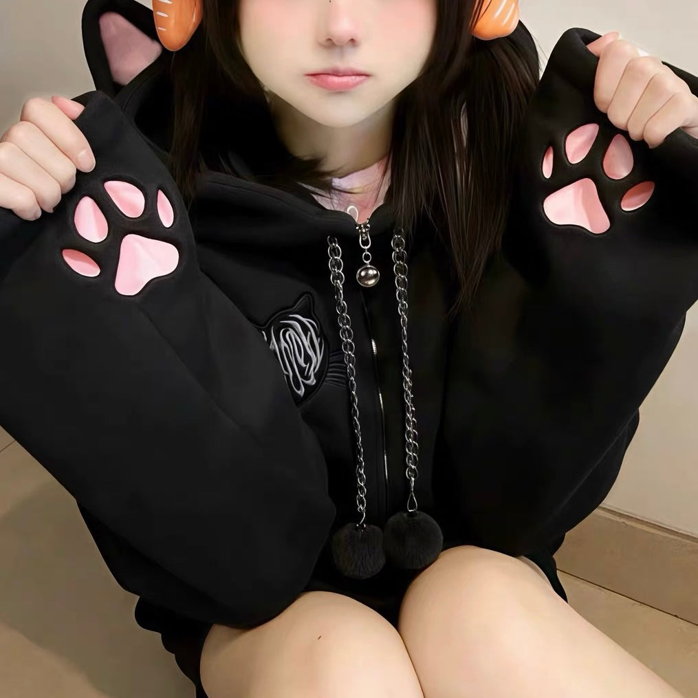 Femboy in black cat crop hoodie with ears with skirt