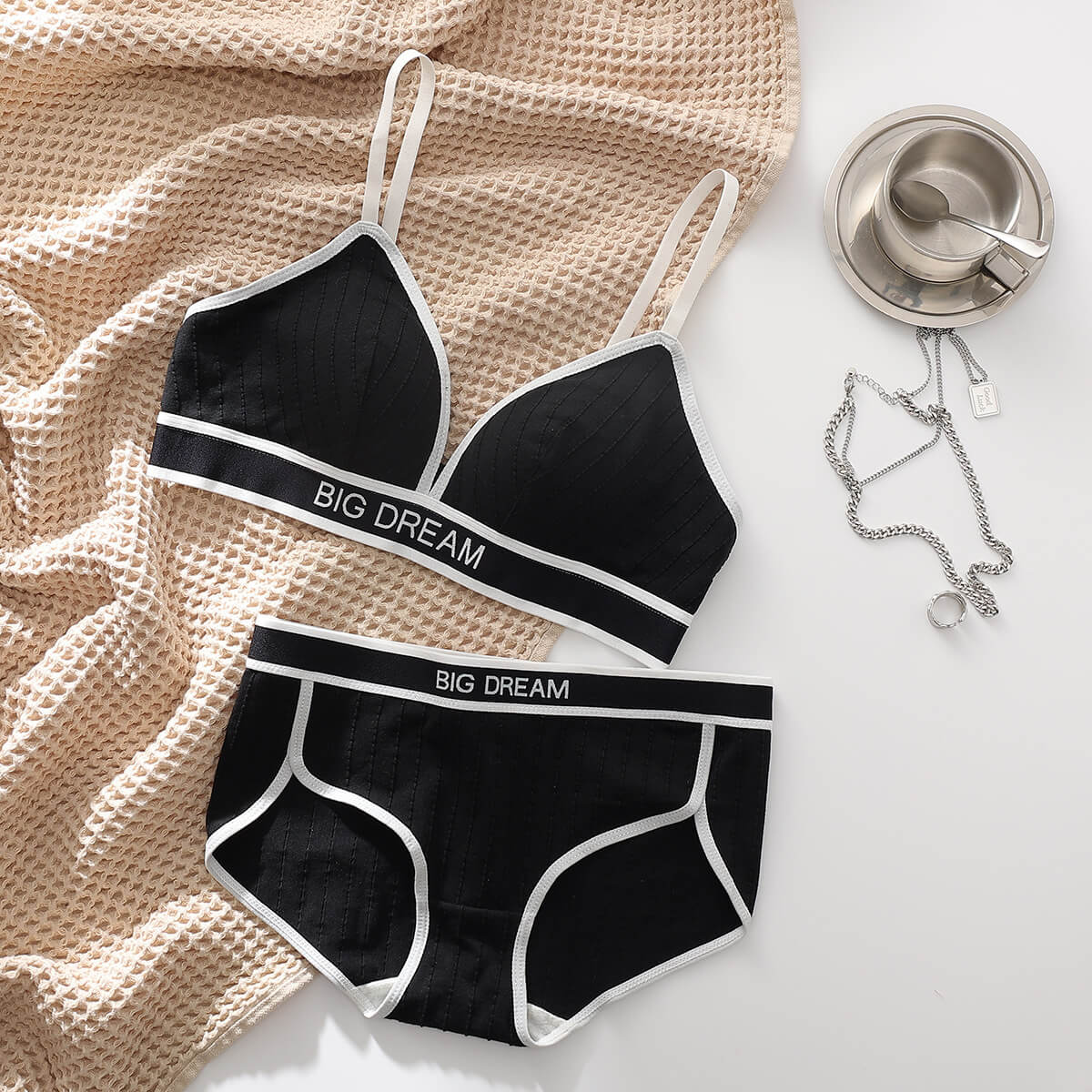 Femboy in black fashion letter cotton bra and panty set