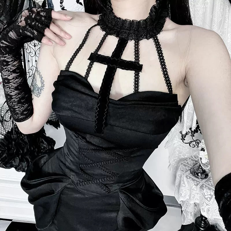 Black Halter Neck Backless Dress - Femboy Fashion