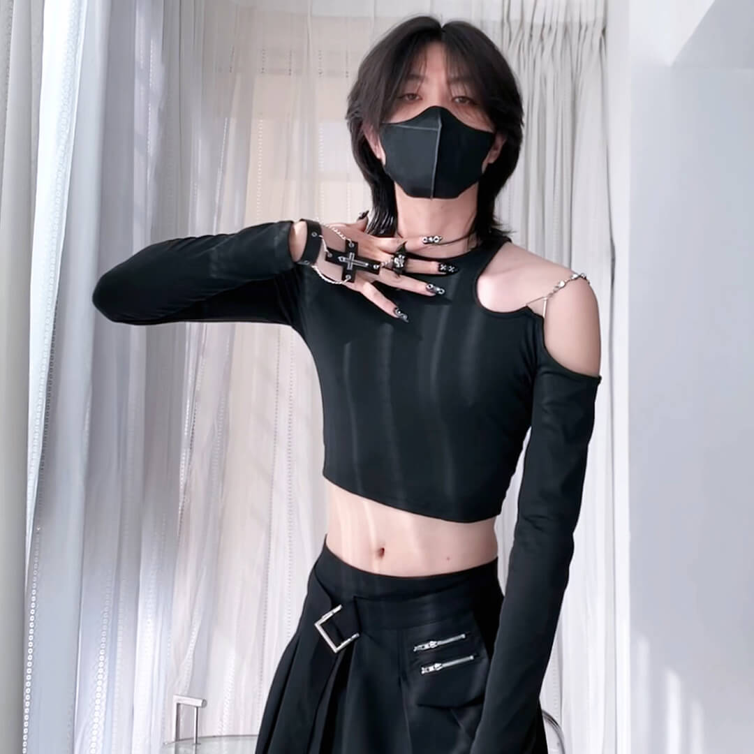 Black Long Sleeve Cut Out Shoulder Crop Top - Femboy Fashion