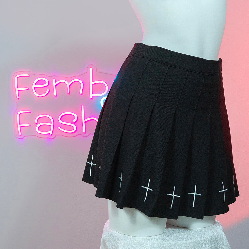 Femboy Wear A Black Pleated Skirt With Cross And Black Long Sleeve Top - Femboy Fashion