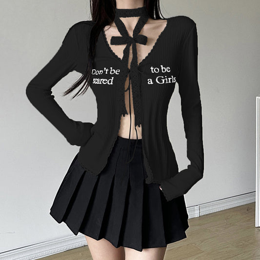 Femboy In Black Slim Long Sleeve Tie Front Top - Femboy Fashion