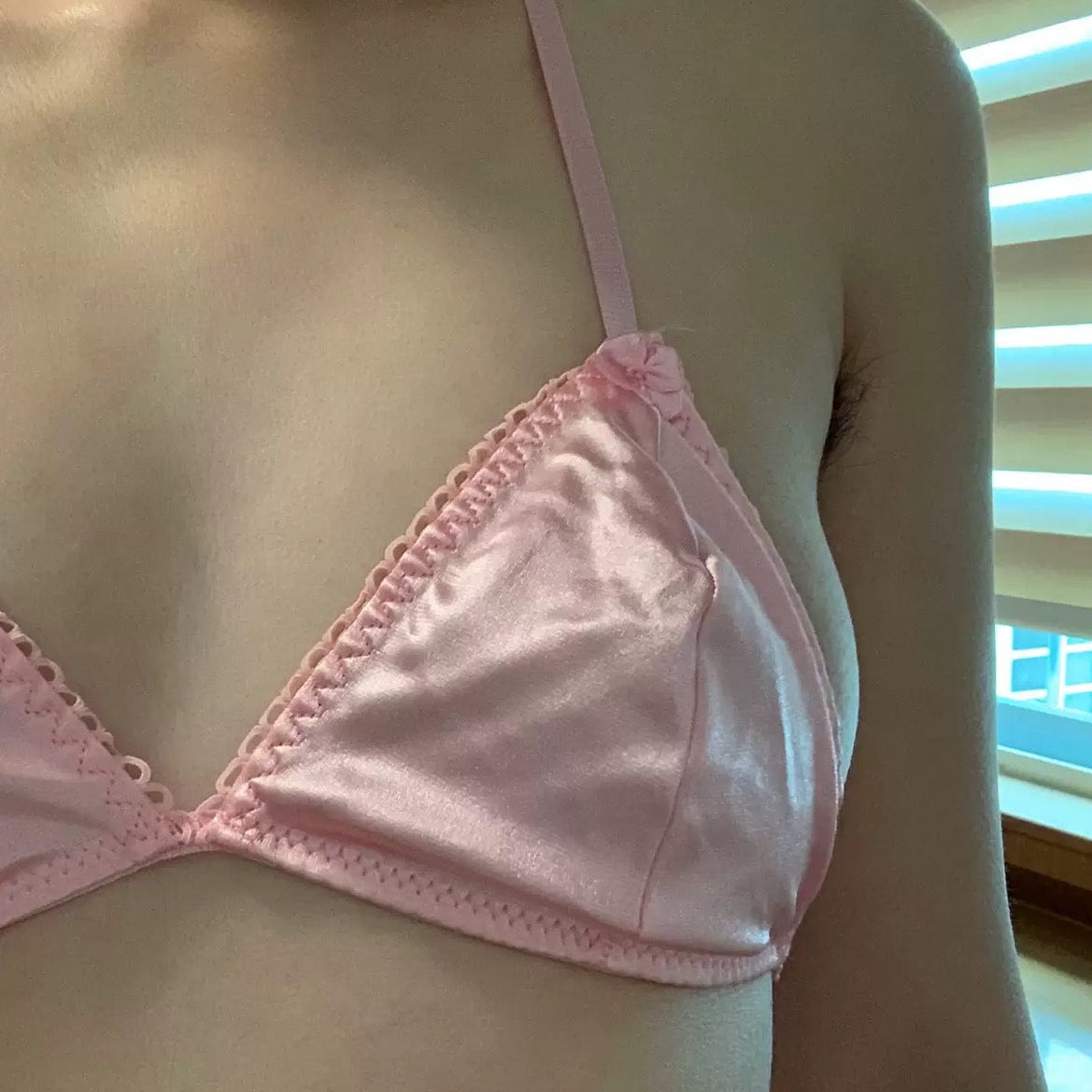 Femboy in blue satin bra and bikini panty set