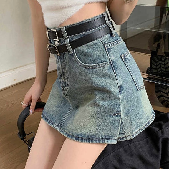Femboy in double belted denim skirt