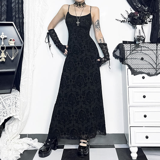 Femboy in Gothic Black Cross Print Sleeveless Maxi Dress - Femboy Fashion