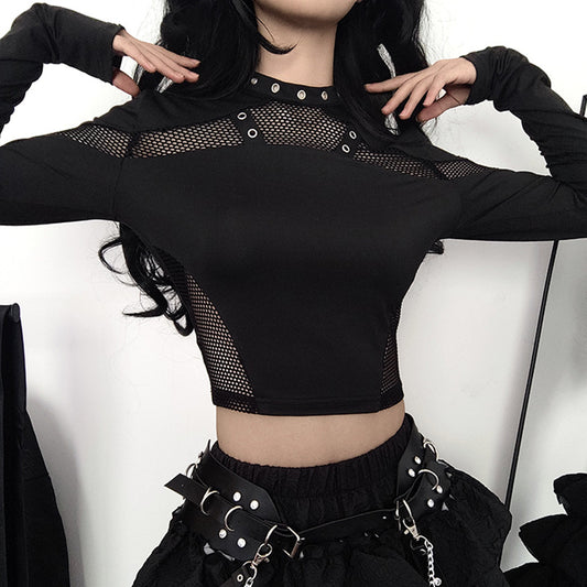 Gothic Black Fishnet Patchwork Long Sleeves Crop Top - Femboy Fashion