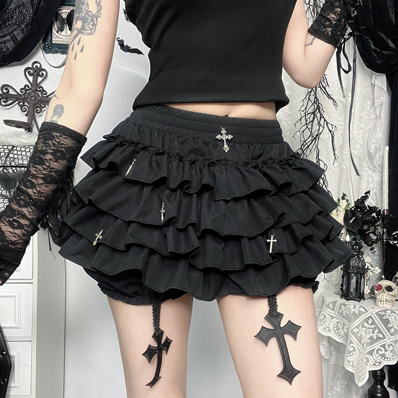 Femboy in gothic black multi layered skirt with crosses