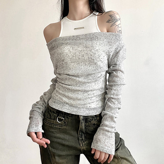 Femboy In Grey Long Sleeve Two Piece Set Top - Femboy Fashion