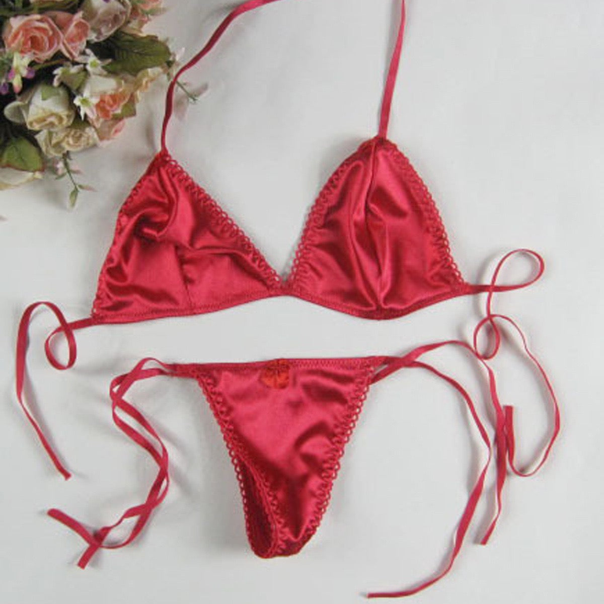 Femboy in grey satin bra and bikini panty set