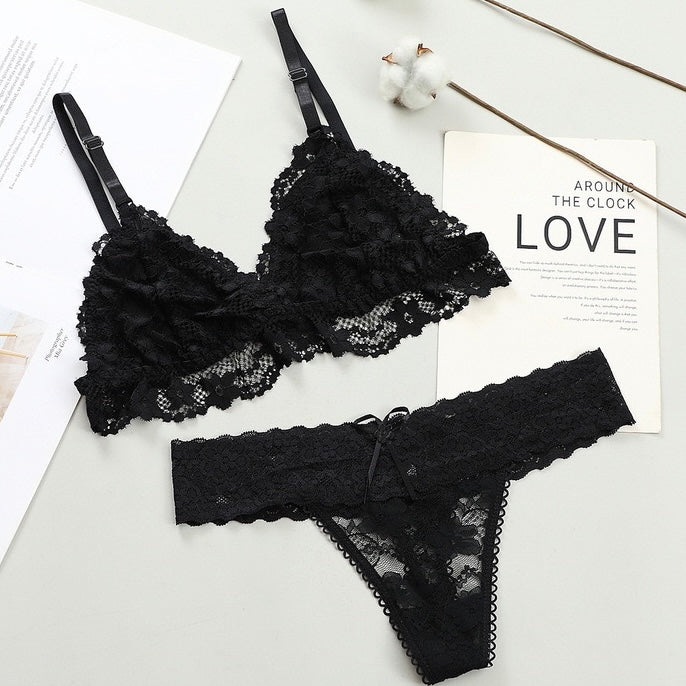 Femboy in grey sexy sheer floral lace bra and panty set