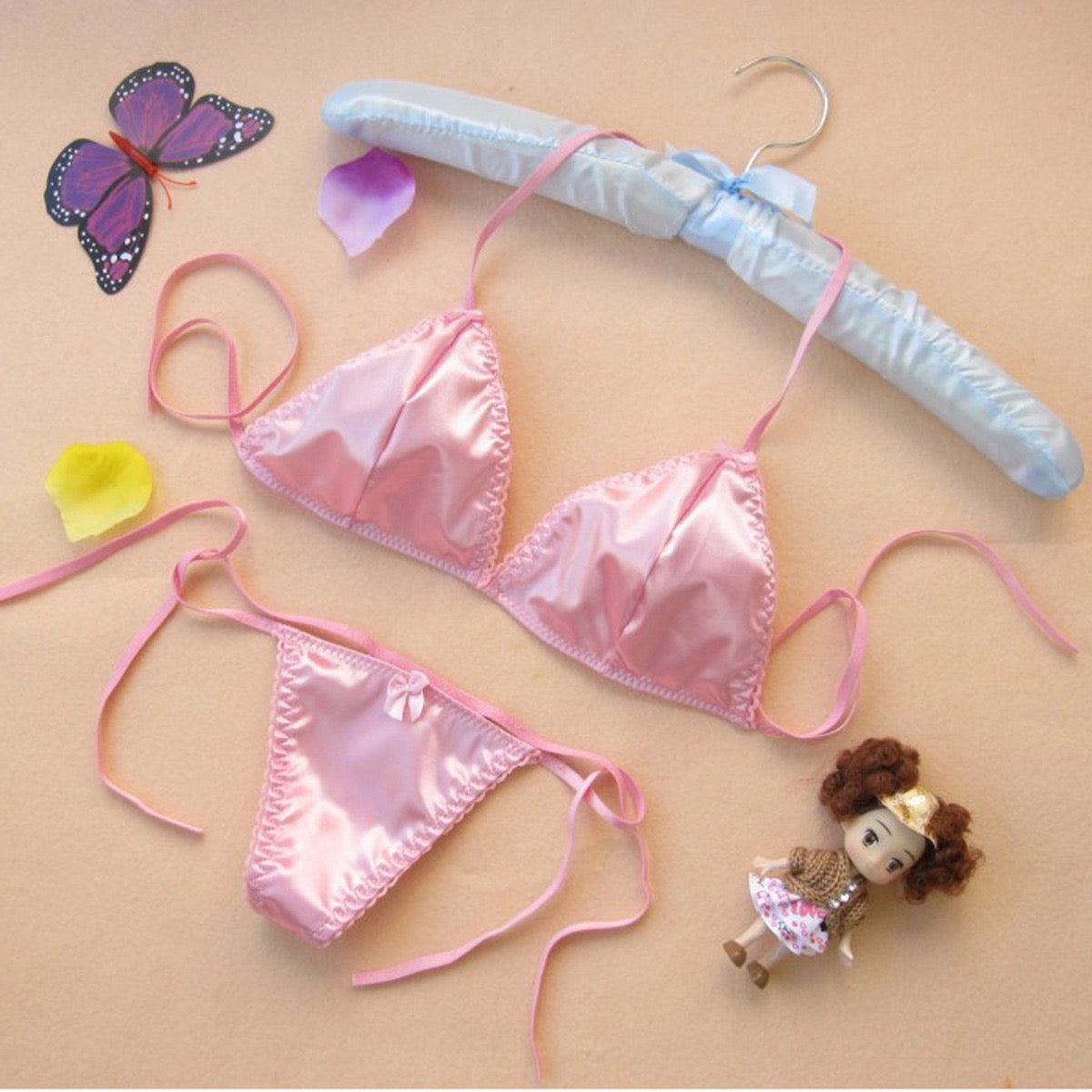 Femboy in satin bra and bikini panty set