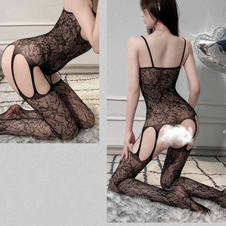 Femboy in sexy black floral lace cutout halter bodystocking front