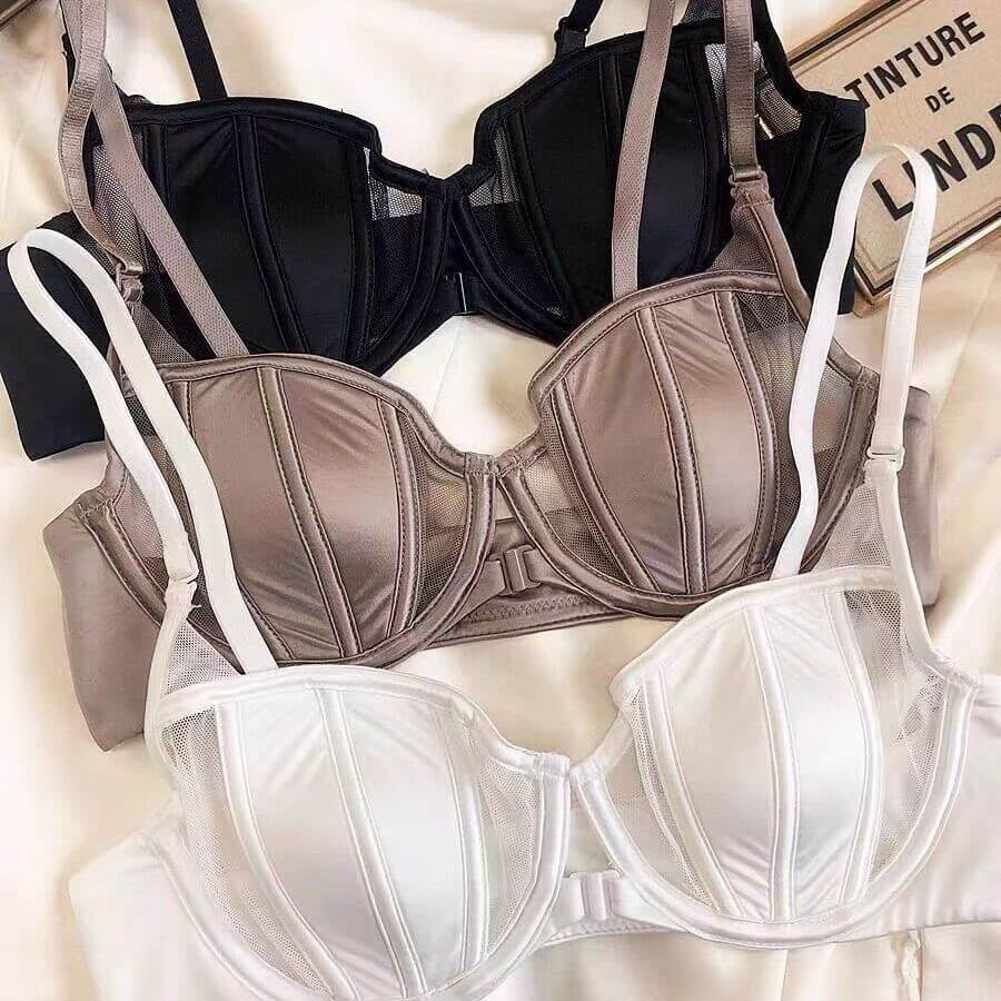 Femboy in sexy satin lace bra and panty set front