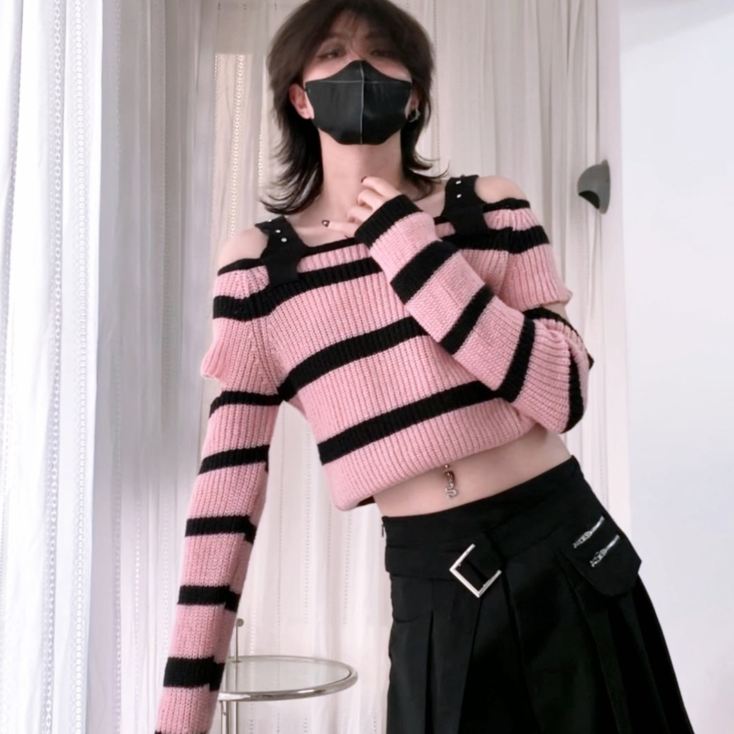 Femboy in Sweet Black And Pink Off Shoulder Sweater
