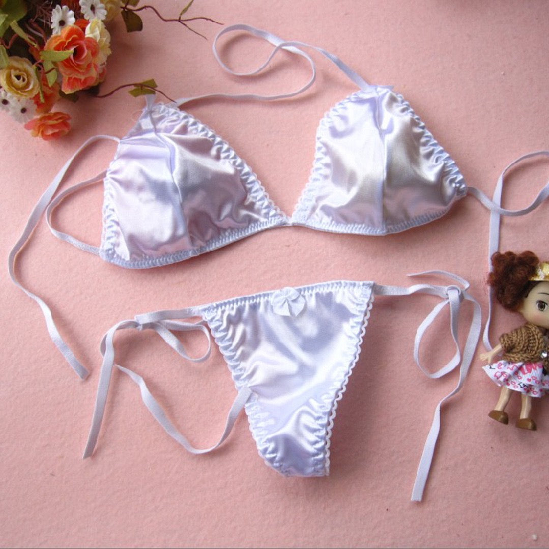 Femboy in white satin bra and bikini panty set