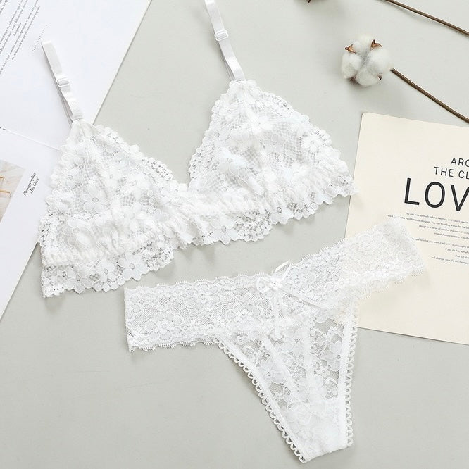 Femboy in white sexy sheer floral lace bra and panty set