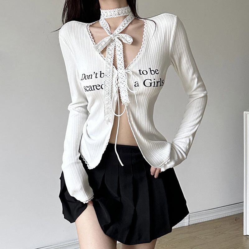 White Slim Long Sleeve Tie Front Top for Femboy - Femboy Fashion