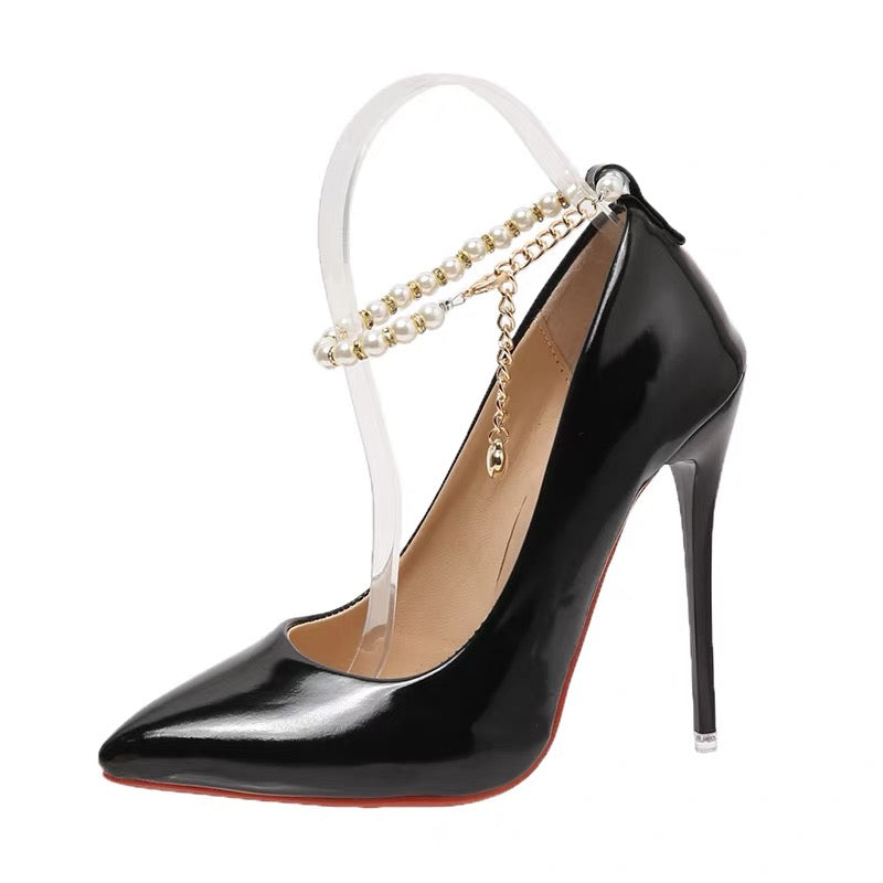Femboy black pearl ankle strap pointy toe slip-on pumps