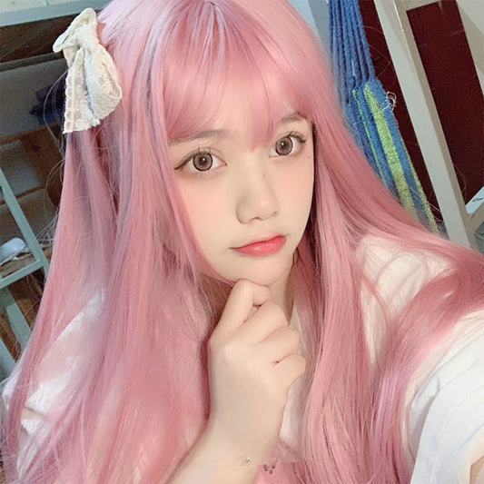 Femboy Pink Long Straight Wig With Bangs - Femboy Fashion