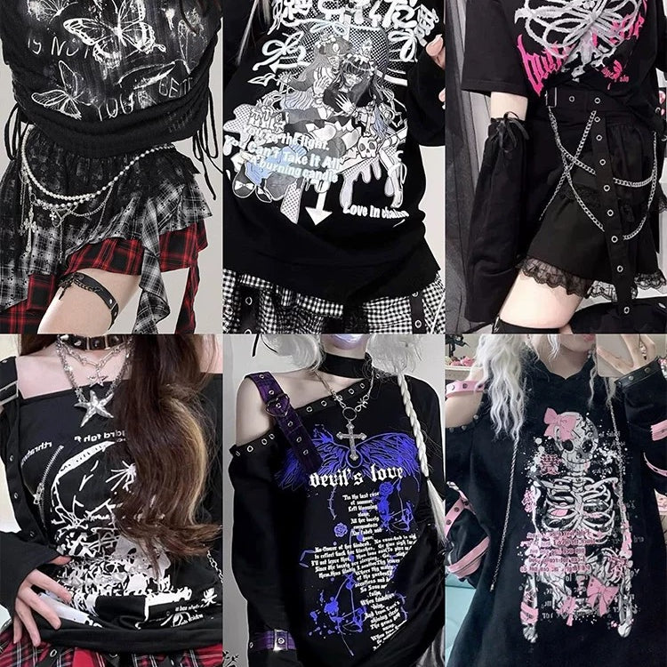 Collage of pastel gothic fashion with black clothing, graphic designs, and plaid accents.