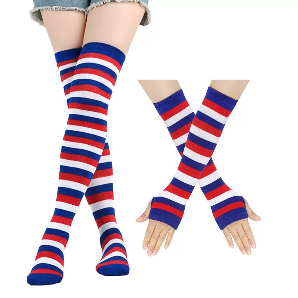 Red, white, and blue striped knee-high socks and arm warmers on a white background