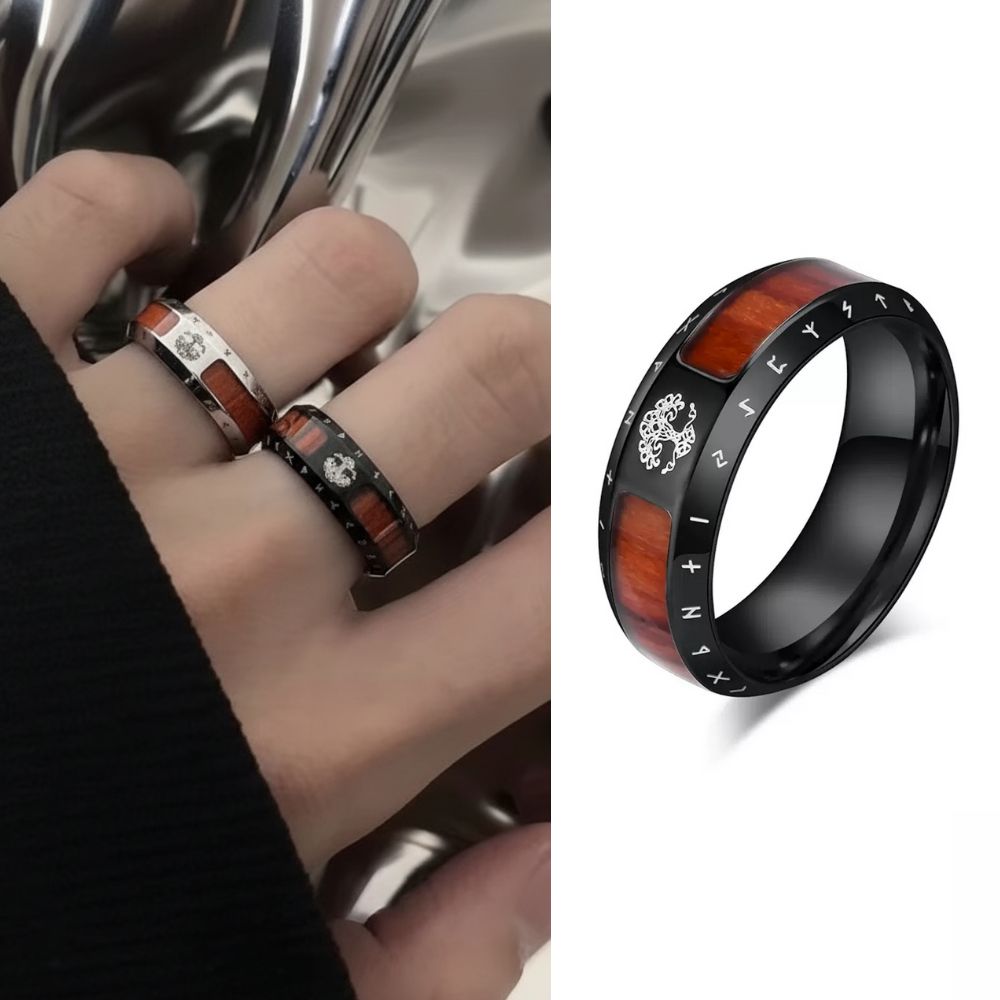 Black ring with wooden inlay worn on a finger, and a close-up of the ring on a white background.