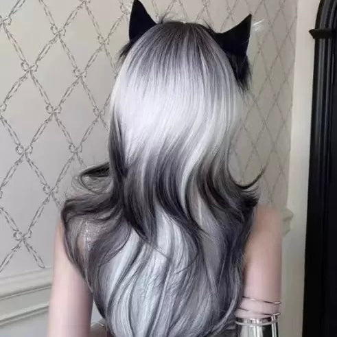 Person with silver and black hair styled in cat ears against a patterned wall.