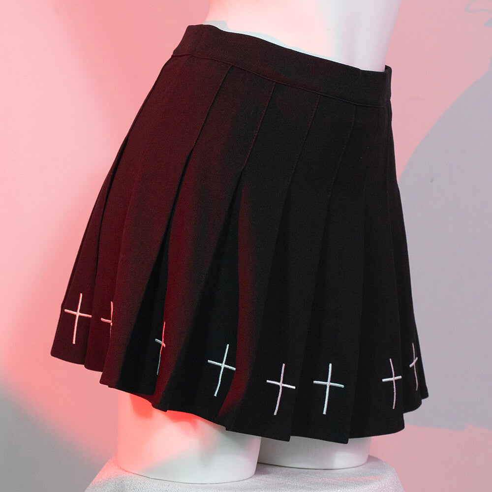 Femboy In Black Pleated Skirt With Cross - Femboy Fashion
