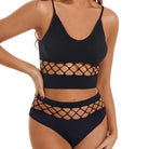 Black sexy cutout bra and panty set with mesh details on a white background