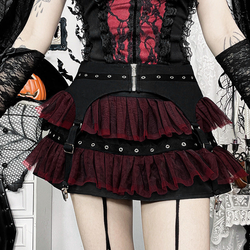 Femboy wear a gothic black and red skirt