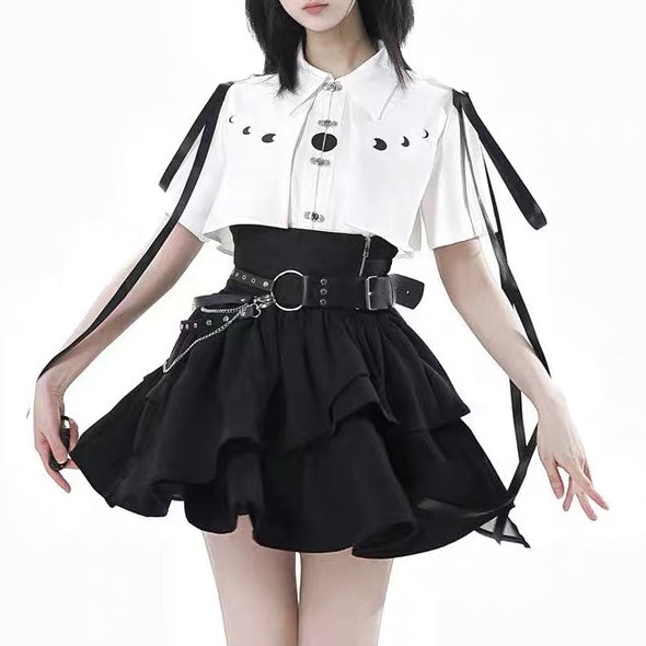 Femboy wear a gothic white shirt and skirt set